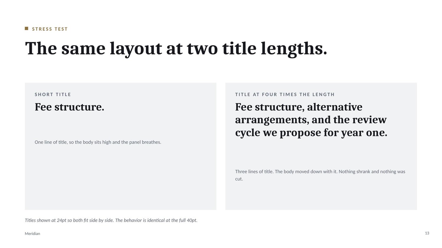 Stress test slide showing the same layout with a short title and a long title