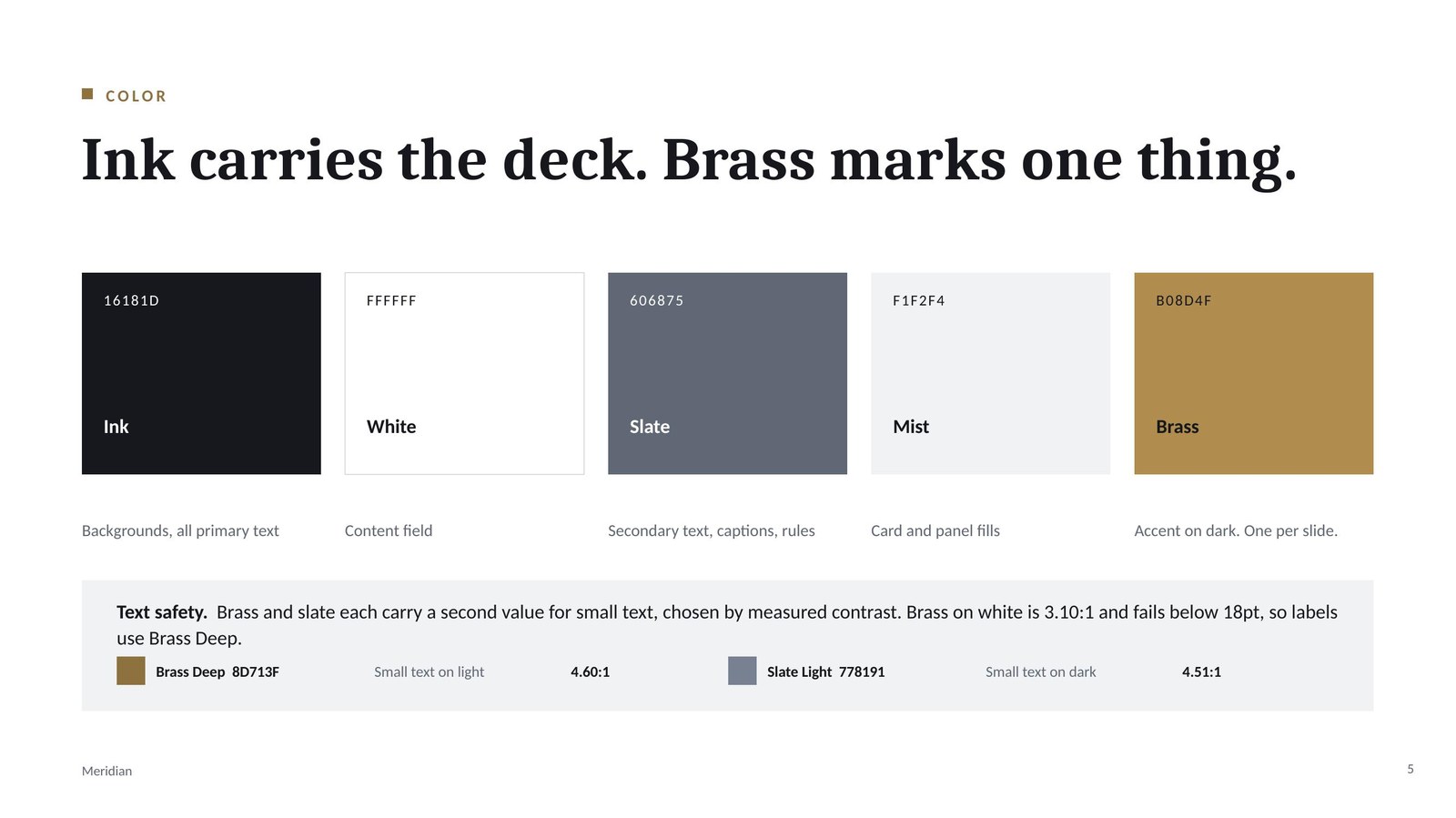 Color slide showing five swatches and a band documenting two contrast-safe accent values with their measured ratios