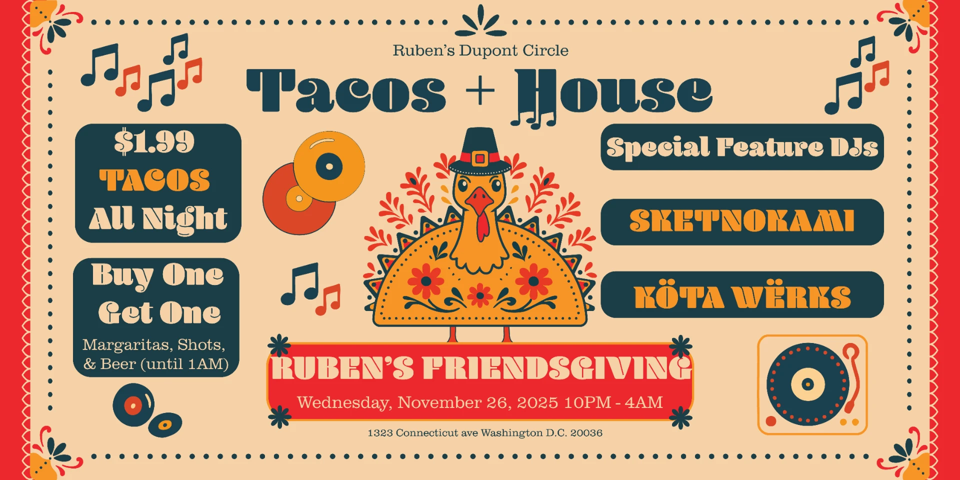 Landscape 2:1 version of the Ruben's Friendsgiving banner with the turkey centred, drink and taco offers stacked in a left column, and the DJ bill stacked in a right column