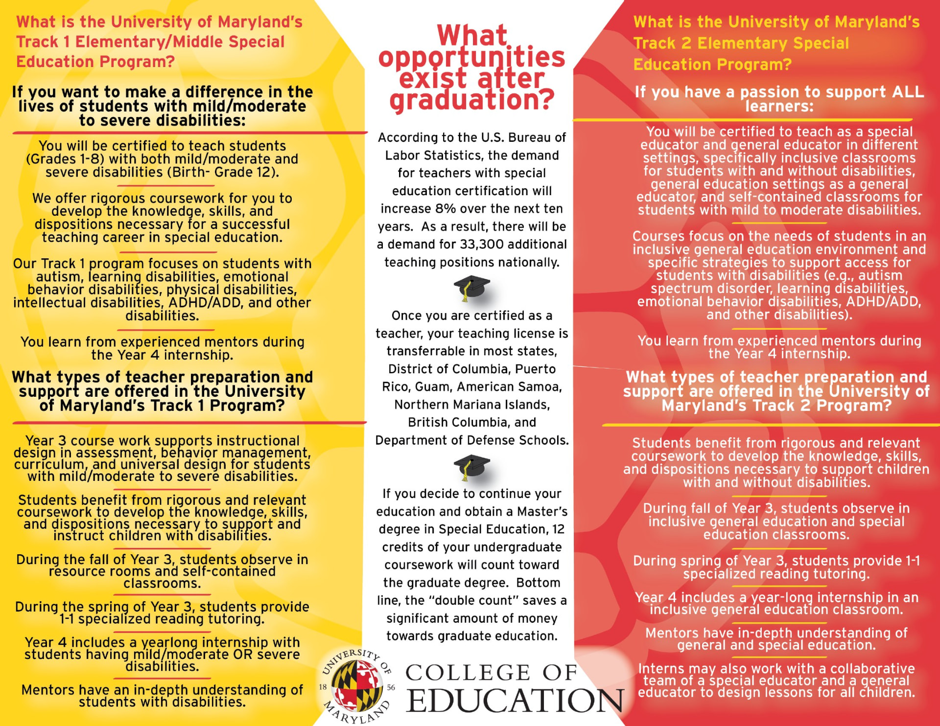 Inside spread of the UMD College of Education brochure with Track 1 in gold on the left and Track 2 in red on the right