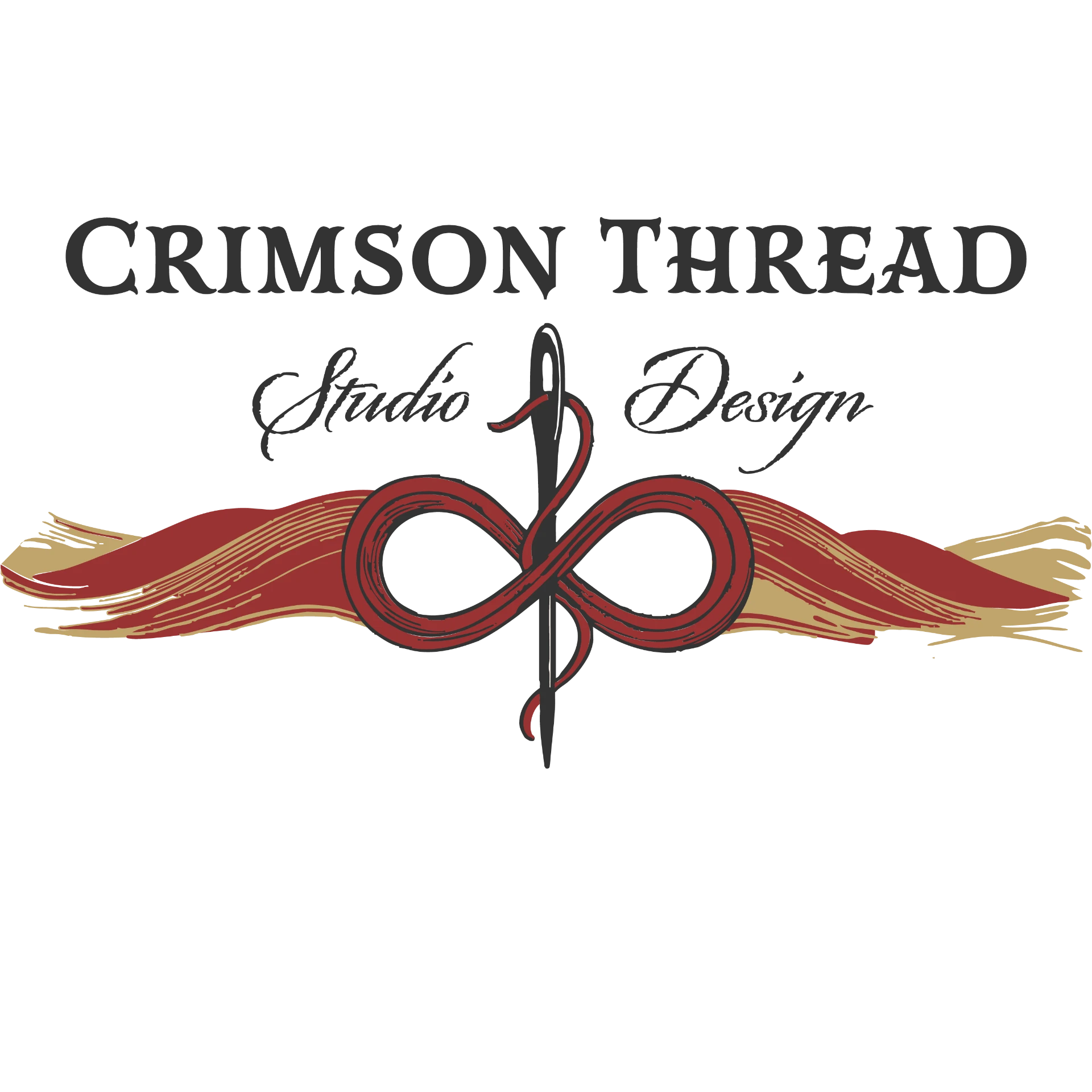 Crimson Thread Studio primary logo lockup — engraved serif wordmark with a script signature over a needle-and-thread mark