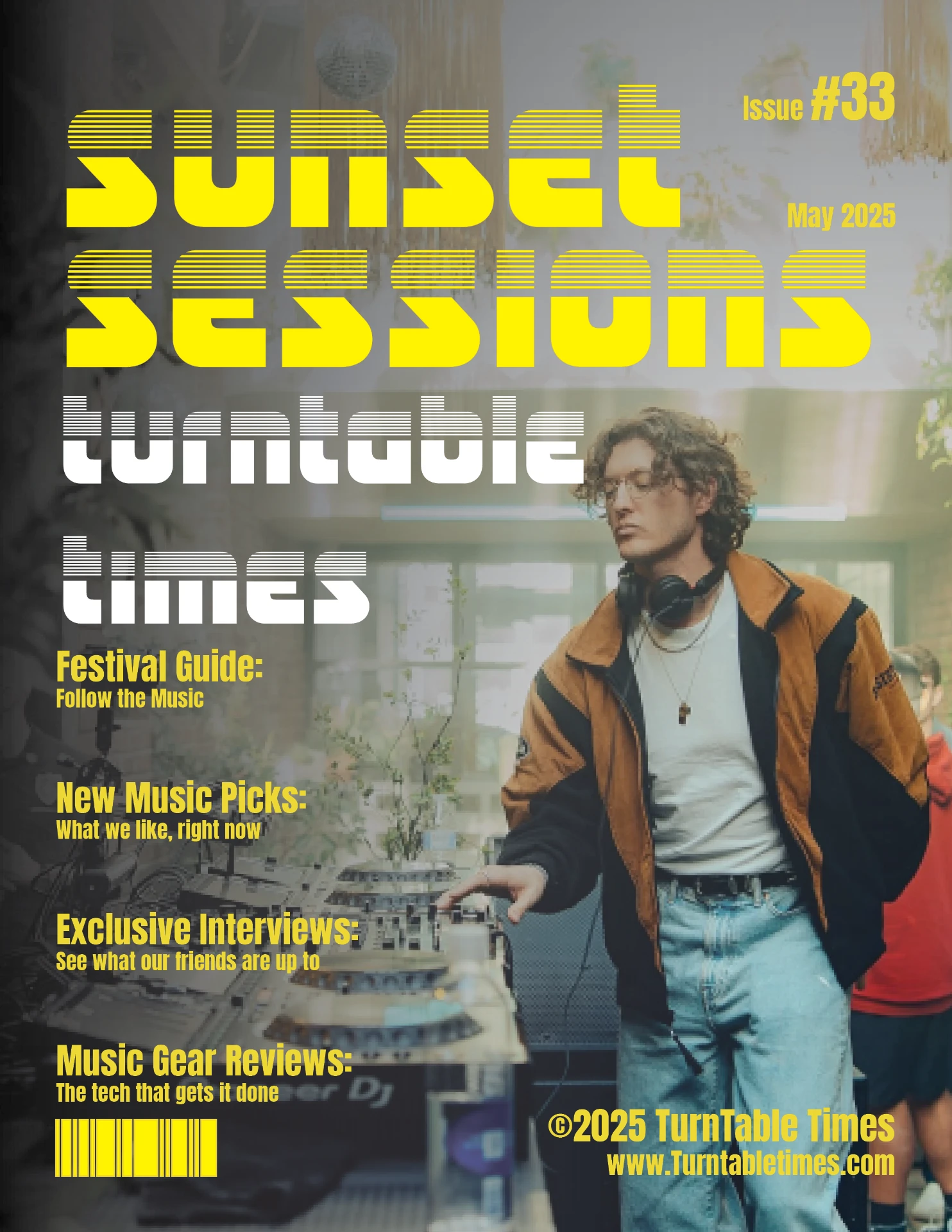 TurnTable Times issue 33 cover with yellow and white striped display type over a photograph of a DJ at a mixer