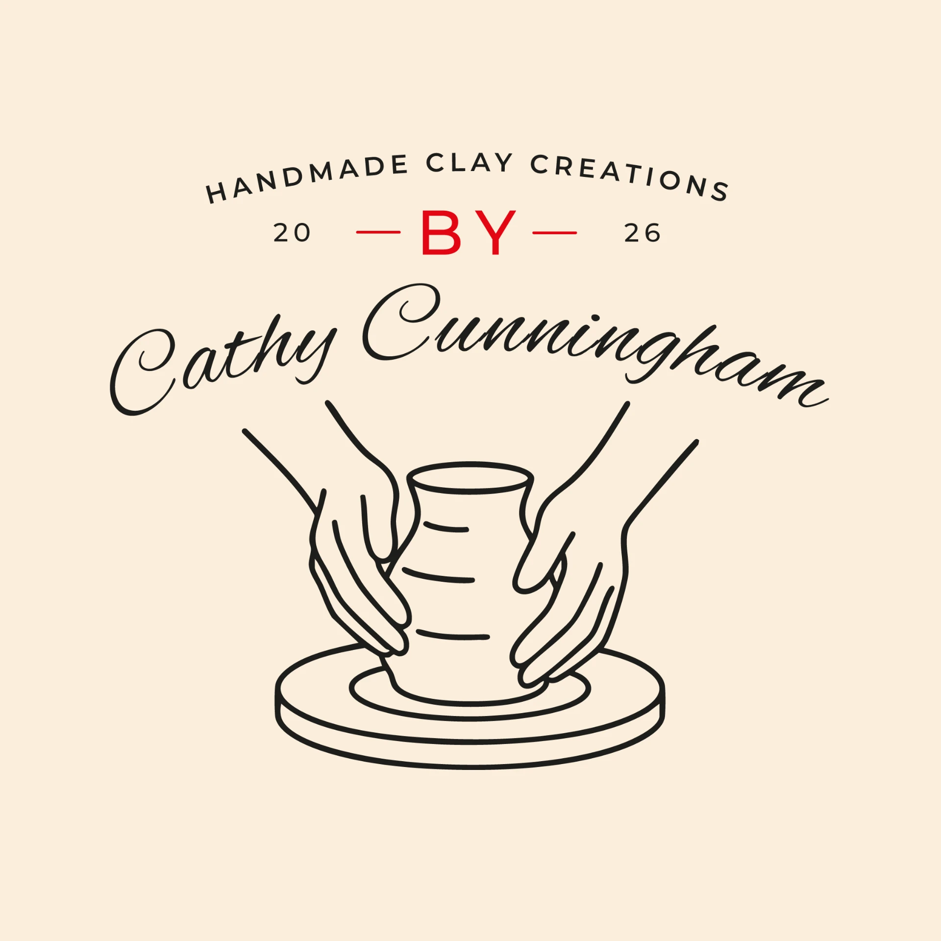 Direction three, the Clay Creations logo stacked beneath a line illustration of hands throwing a pot on a wheel