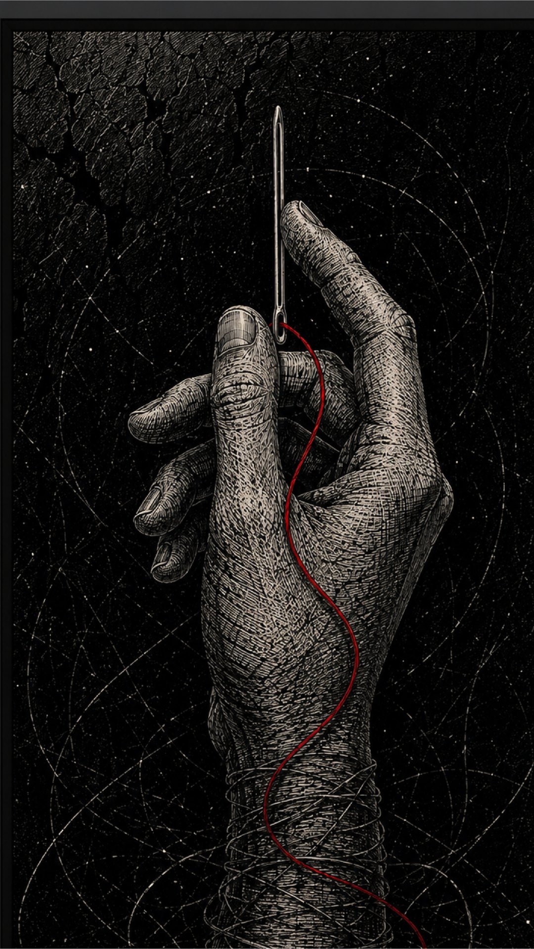 Styleframe of an engraved illustration of a hand holding a needle with a crimson thread running through it