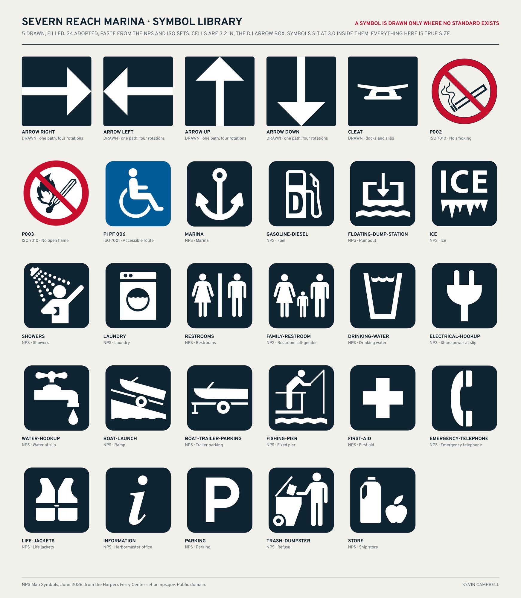 Symbol library sheet for Severn Reach Marina, adopted and originally drawn pictograms