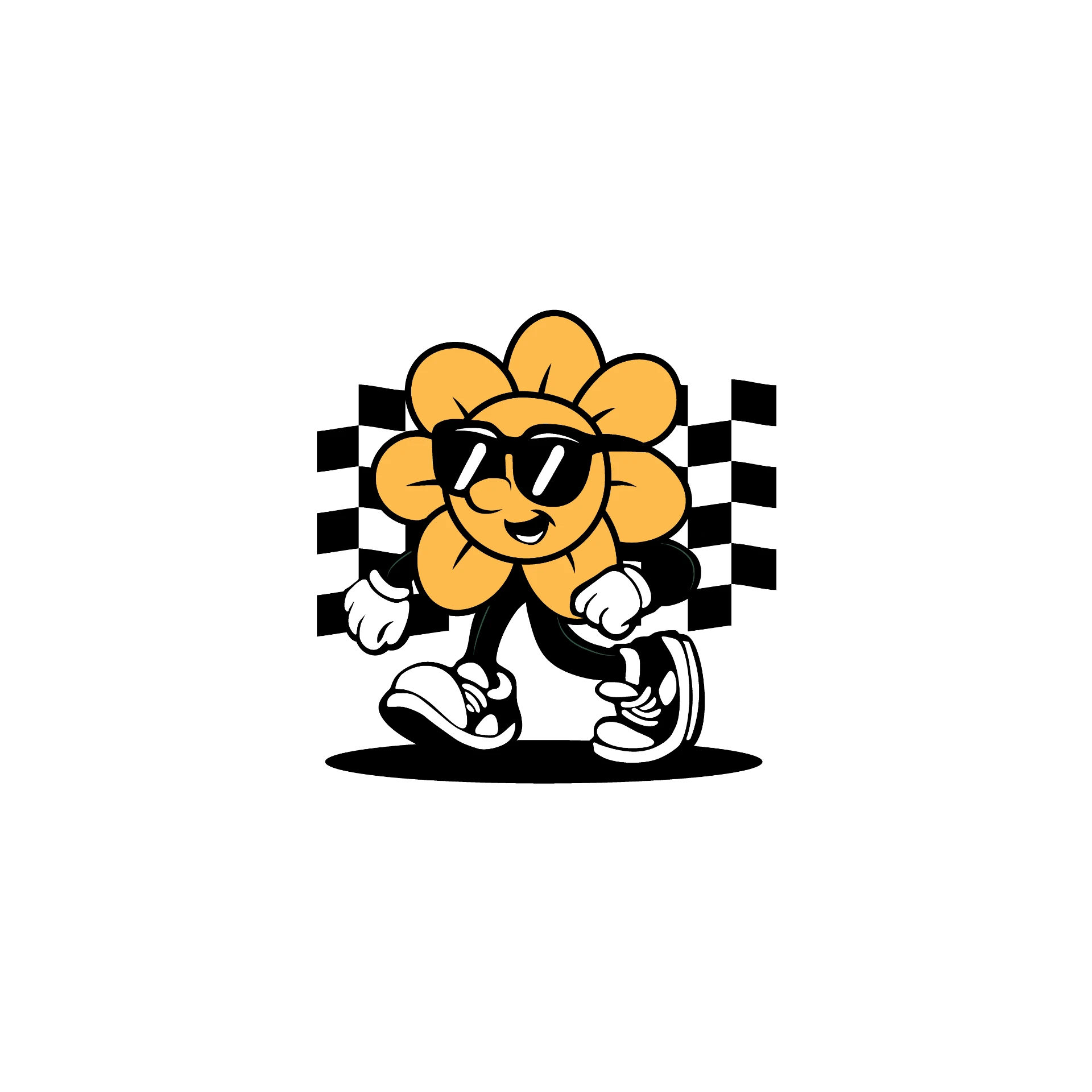 Mascot decal art of a gold cartoon flower wearing black sunglasses and white sneakers, striding in front of a checkered flag