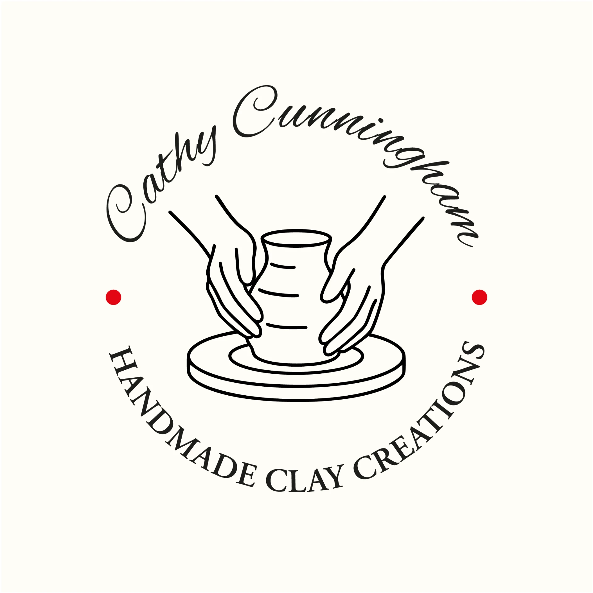 Clay Creations primary mark with letterspaced capitals, the maker's name in a high-contrast script, and a single red accent