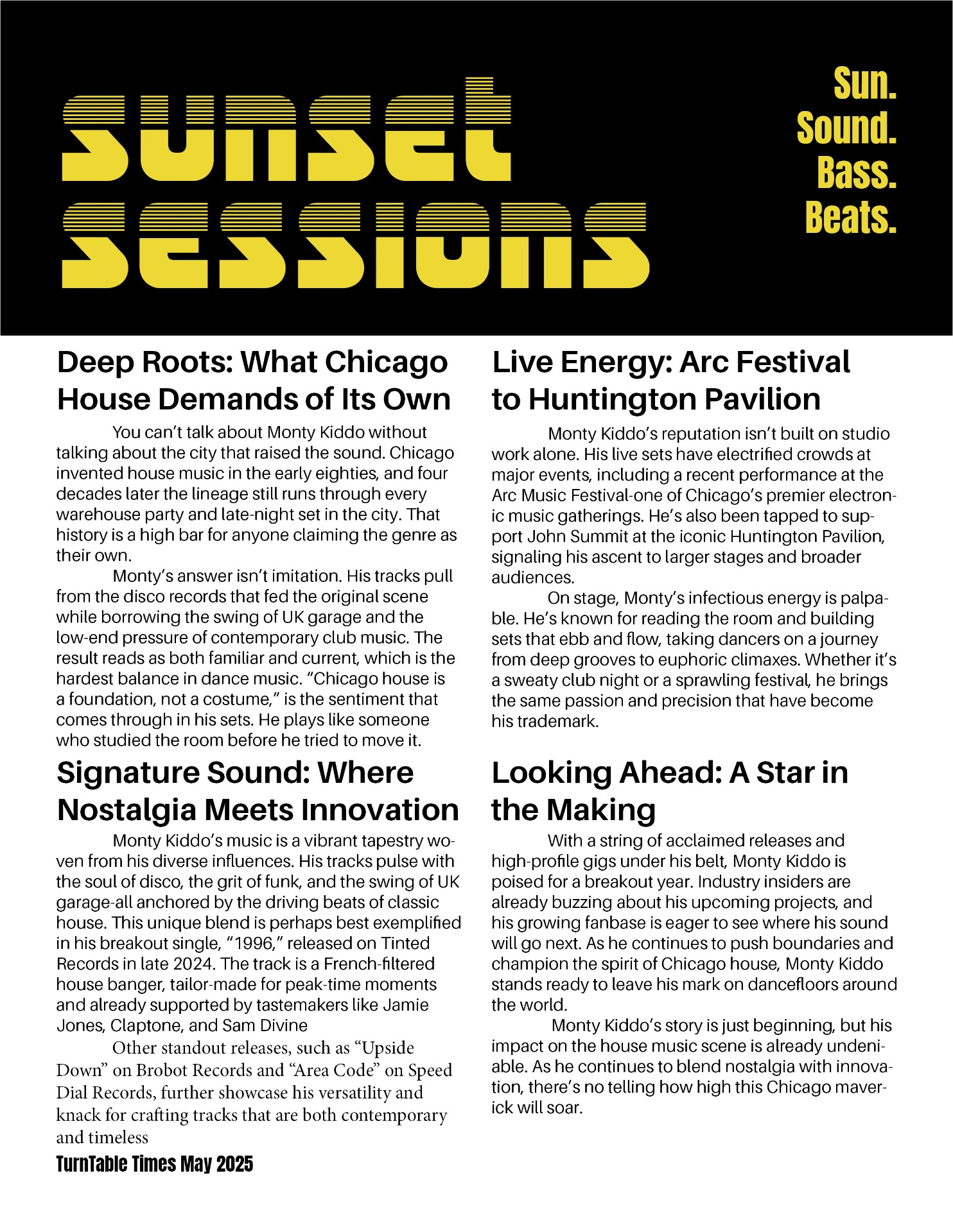 Feature continuation spread with a black masthead band and large Sunset Sessions display type, four two-column sections continuing the article across the turn