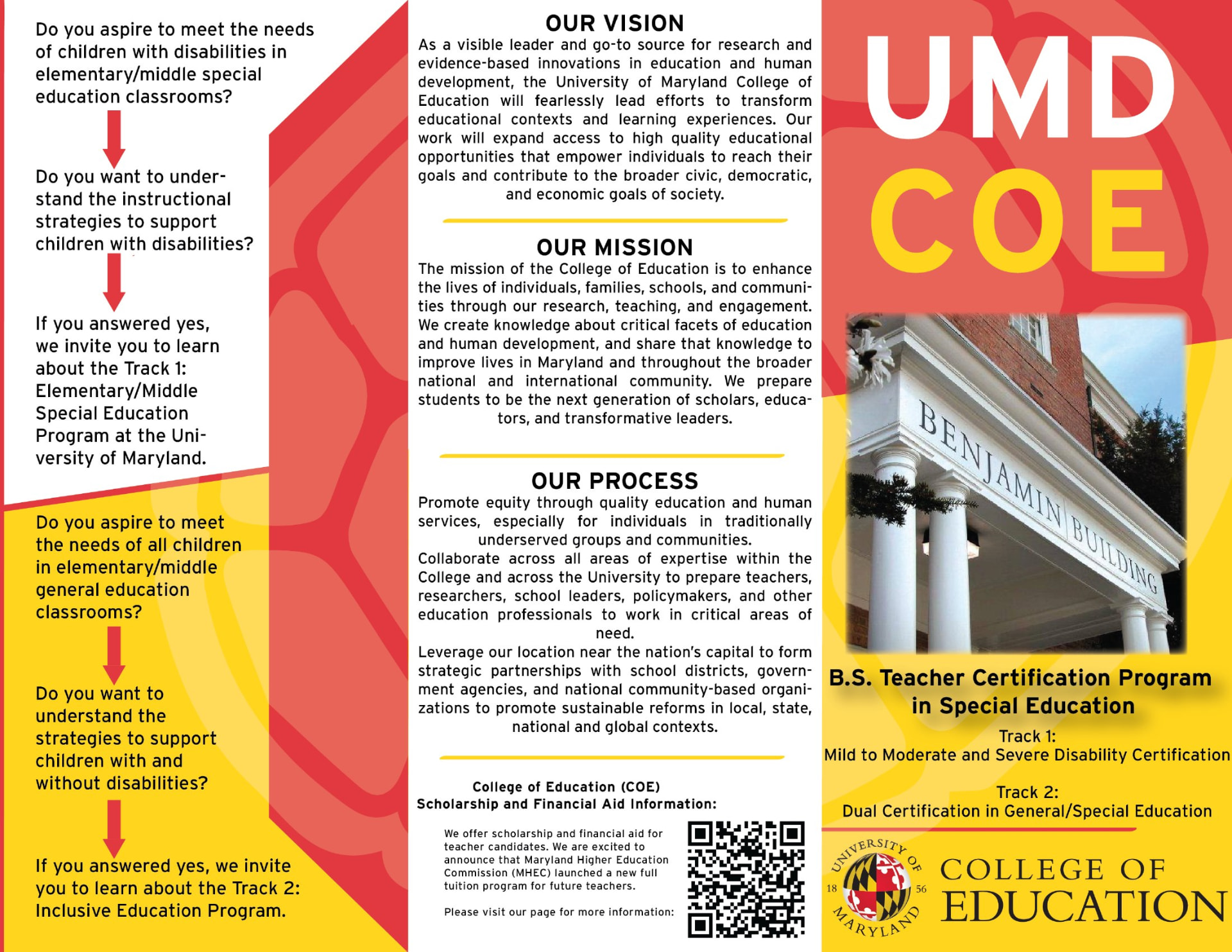 Outside of the brochure showing the UMD College of Education cover panel with the Benjamin Building, and panels for vision, mission, and process