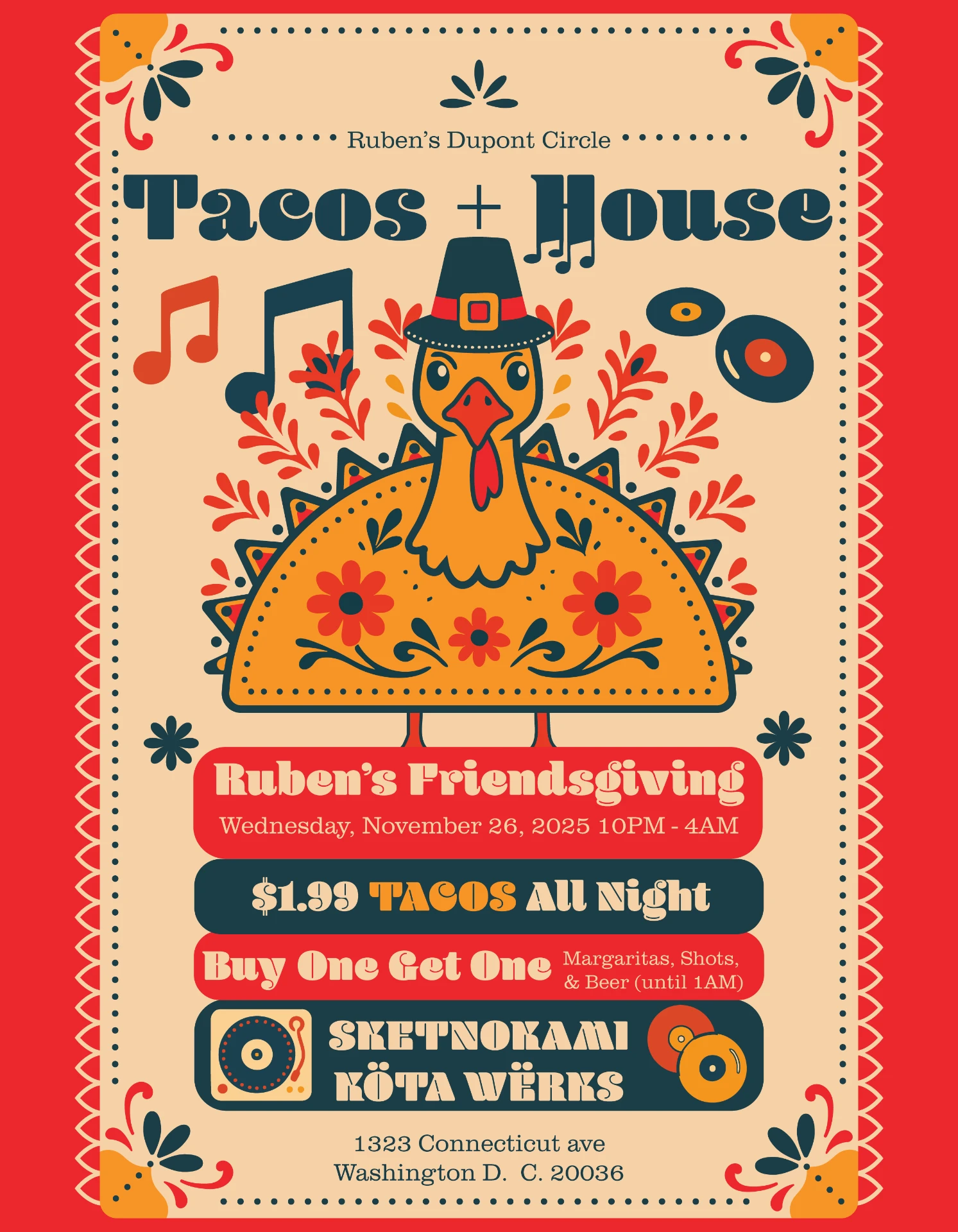 Folk-art Friendsgiving event poster with a papel picado border and a turkey in a pilgrim hat rising from a taco shell