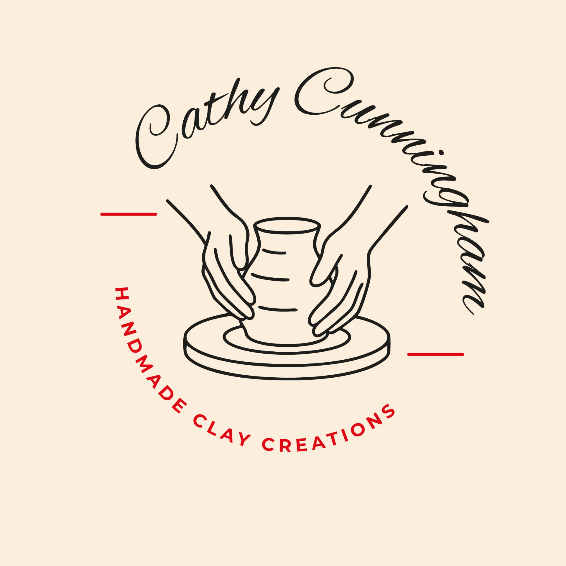 Direction two, the Clay Creations logo arranged as a badge around a line illustration of hands throwing a pot on a wheel