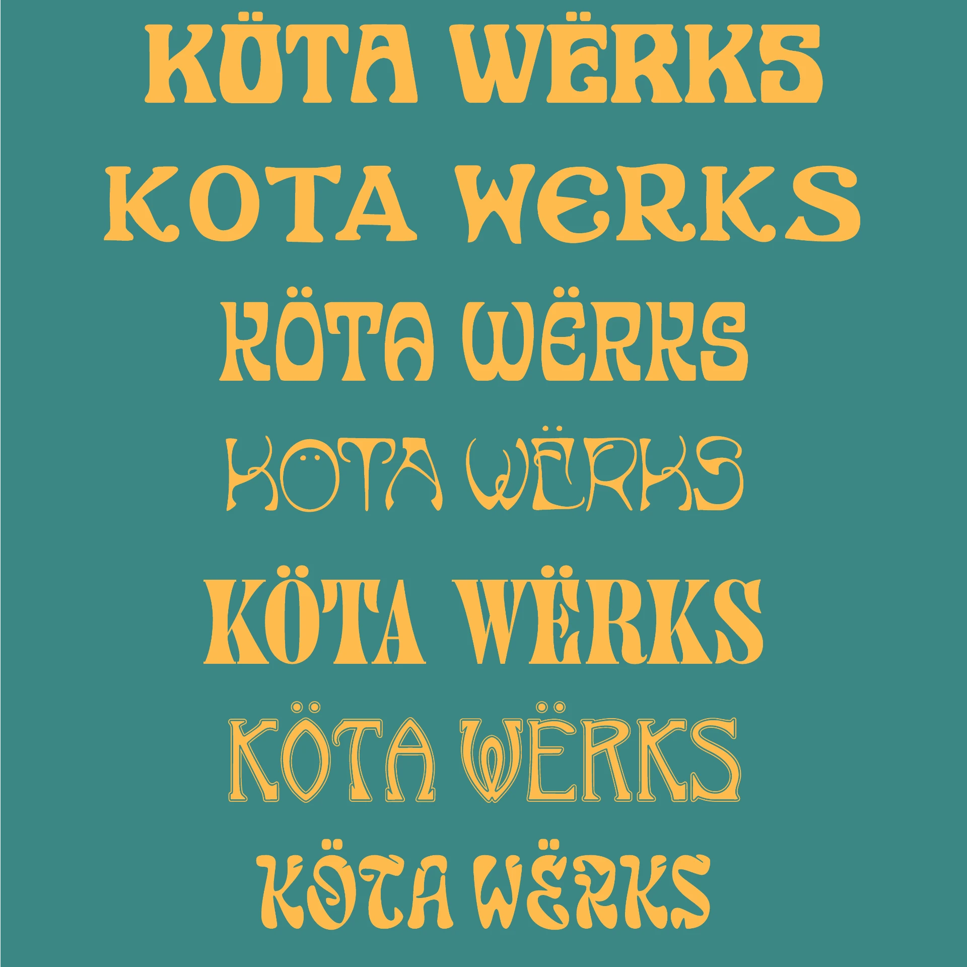Second type exploration board with seven Köta Wërks wordmark treatments in gold on teal, mostly art nouveau and psychedelic serif letterforms