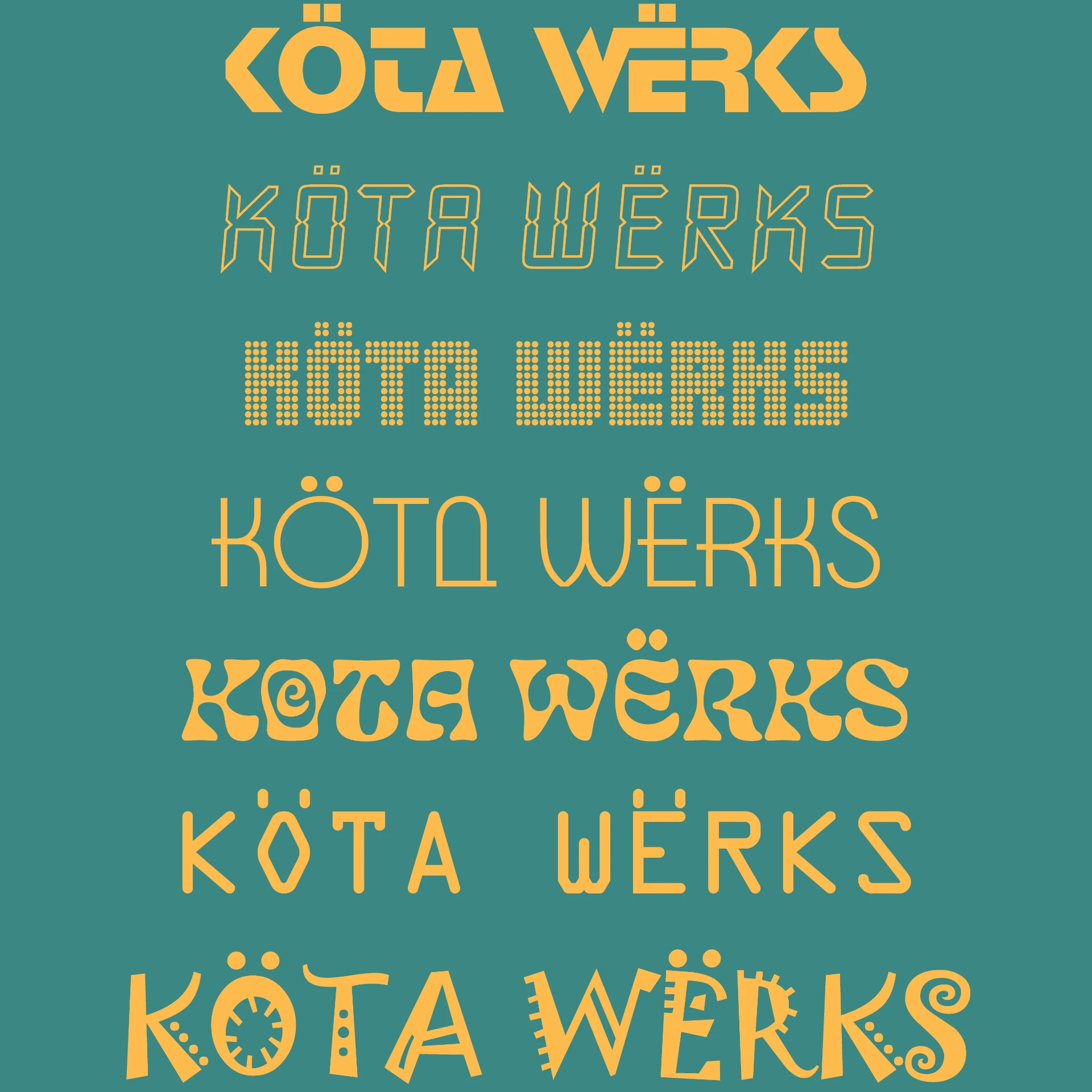 Type exploration board showing seven Köta Wërks wordmark treatments in gold on teal, ranging from angular geometric to dotted matrix and art nouveau letterforms