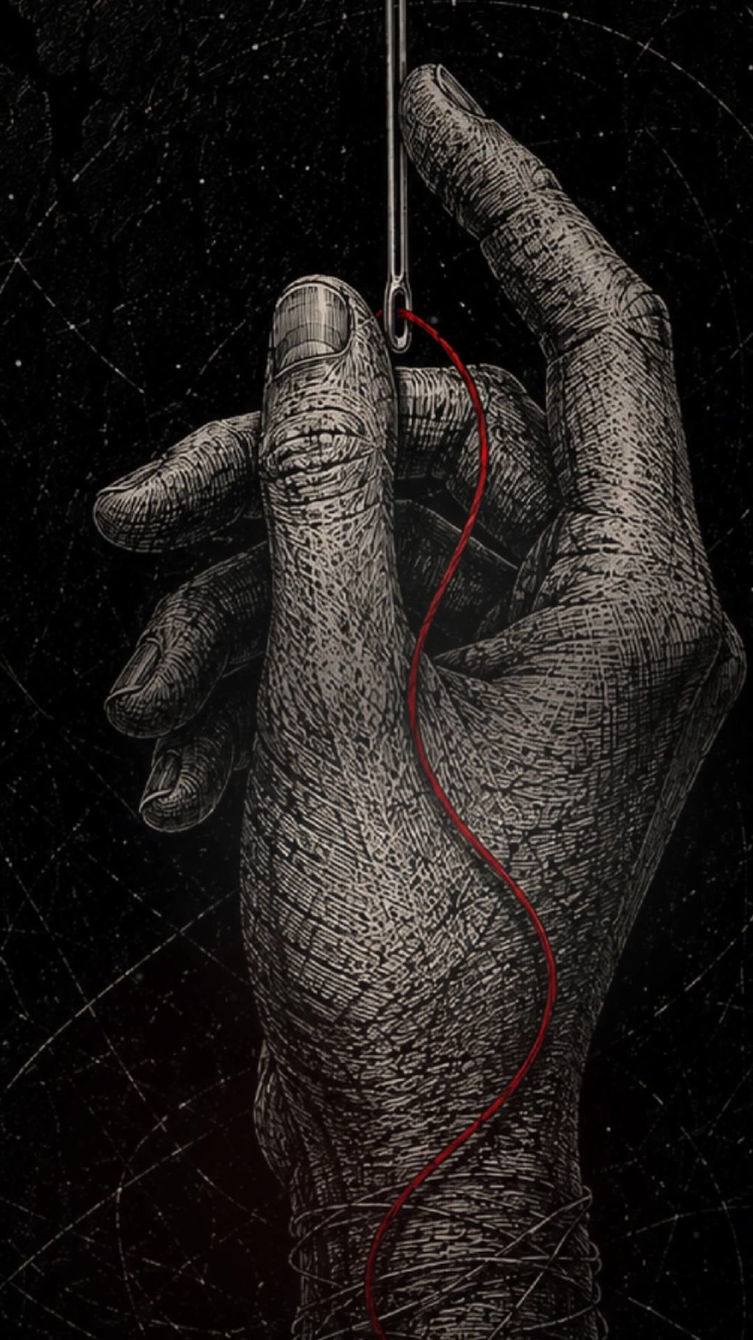 Frame from the Act I launch reel showing an engraved illustration of a hand holding a needle with a crimson thread running through it