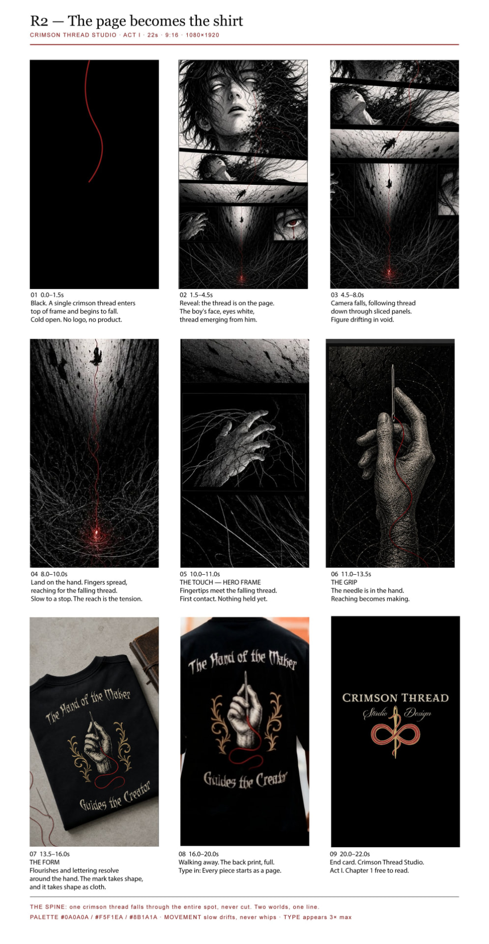 Nine-panel initial storyboard for the Act I launch reel, running from a falling thread on black through a descent down a manga page to the maker's hand and the final mark