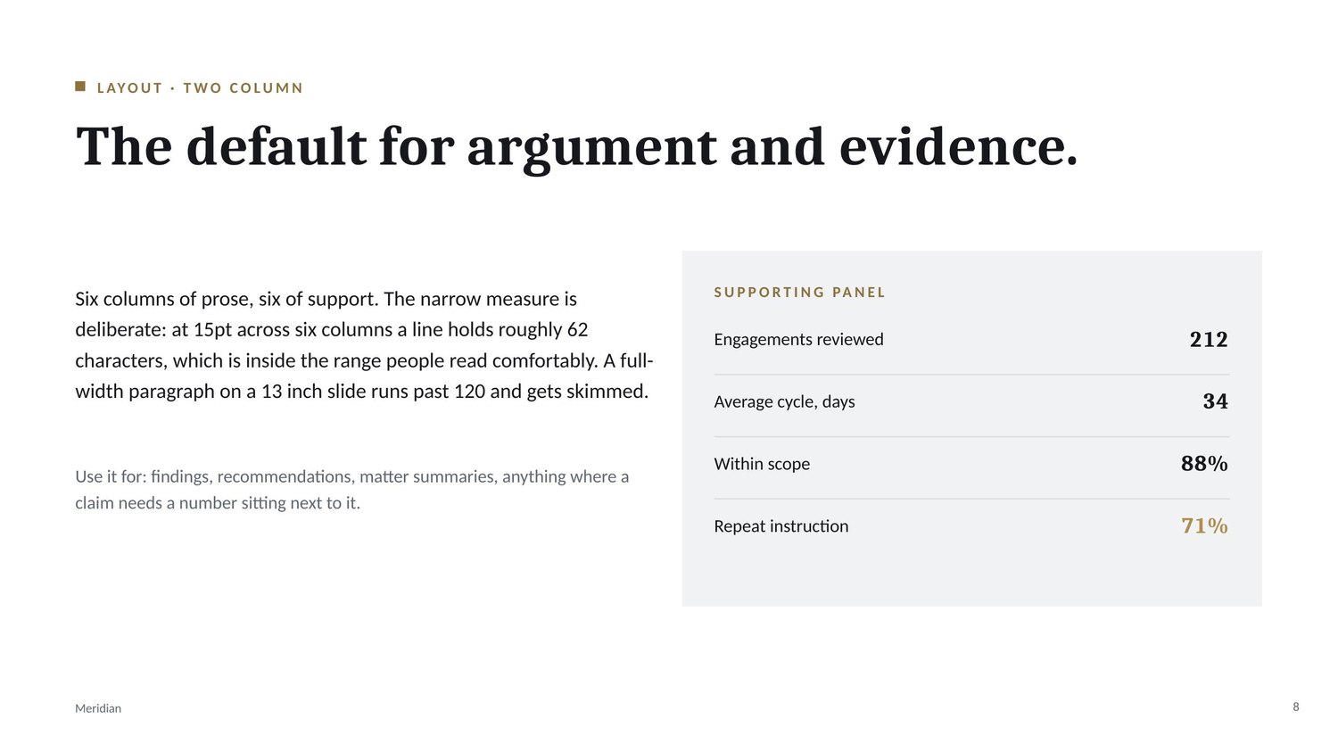 Two column layout with prose on the left and a data panel on the right