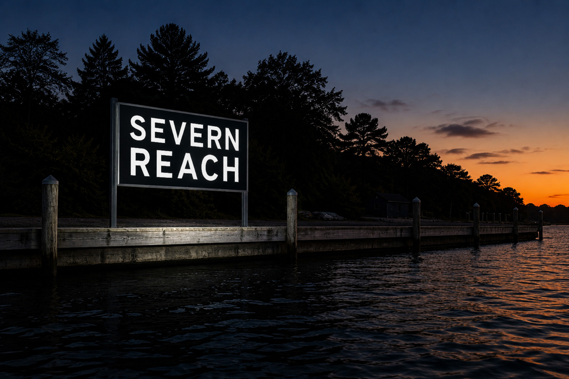 The Severn Reach marina identification sign at dusk, seen from the water, its retroreflective legend returning the light of a handheld spotlight while the dark field returns almost none