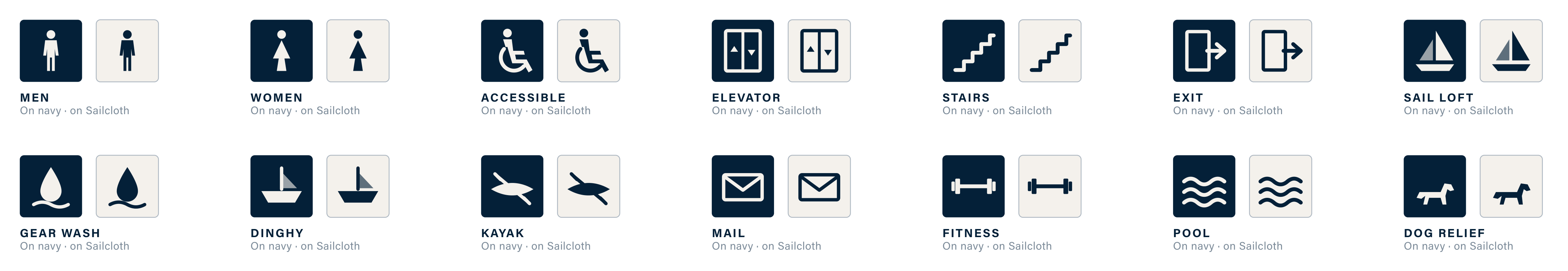 Fourteen pictograms on navy and on Sailcloth.