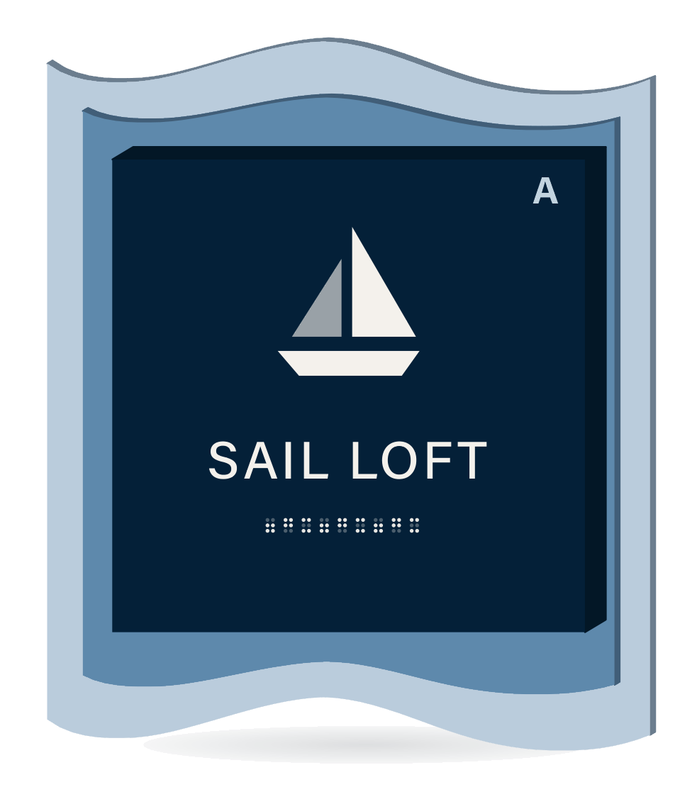 T.1 amenity panel, SAIL LOFT with a sail pictogram and braille.