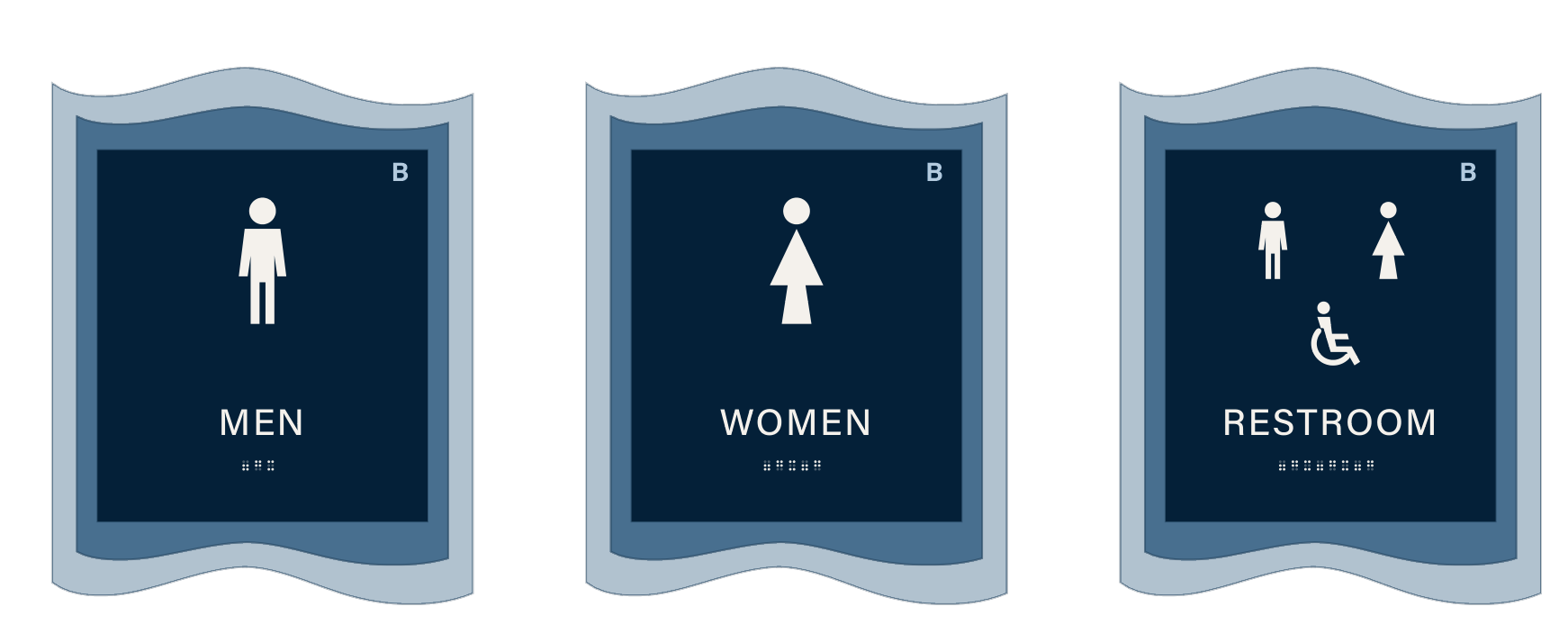 Three restroom panels: men, women, restroom with the ISA.