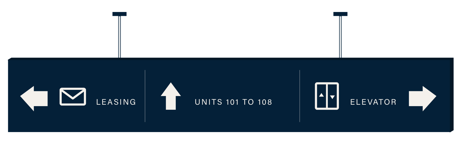 W.1 overhead directional: leasing, units 101 to 108, elevator.