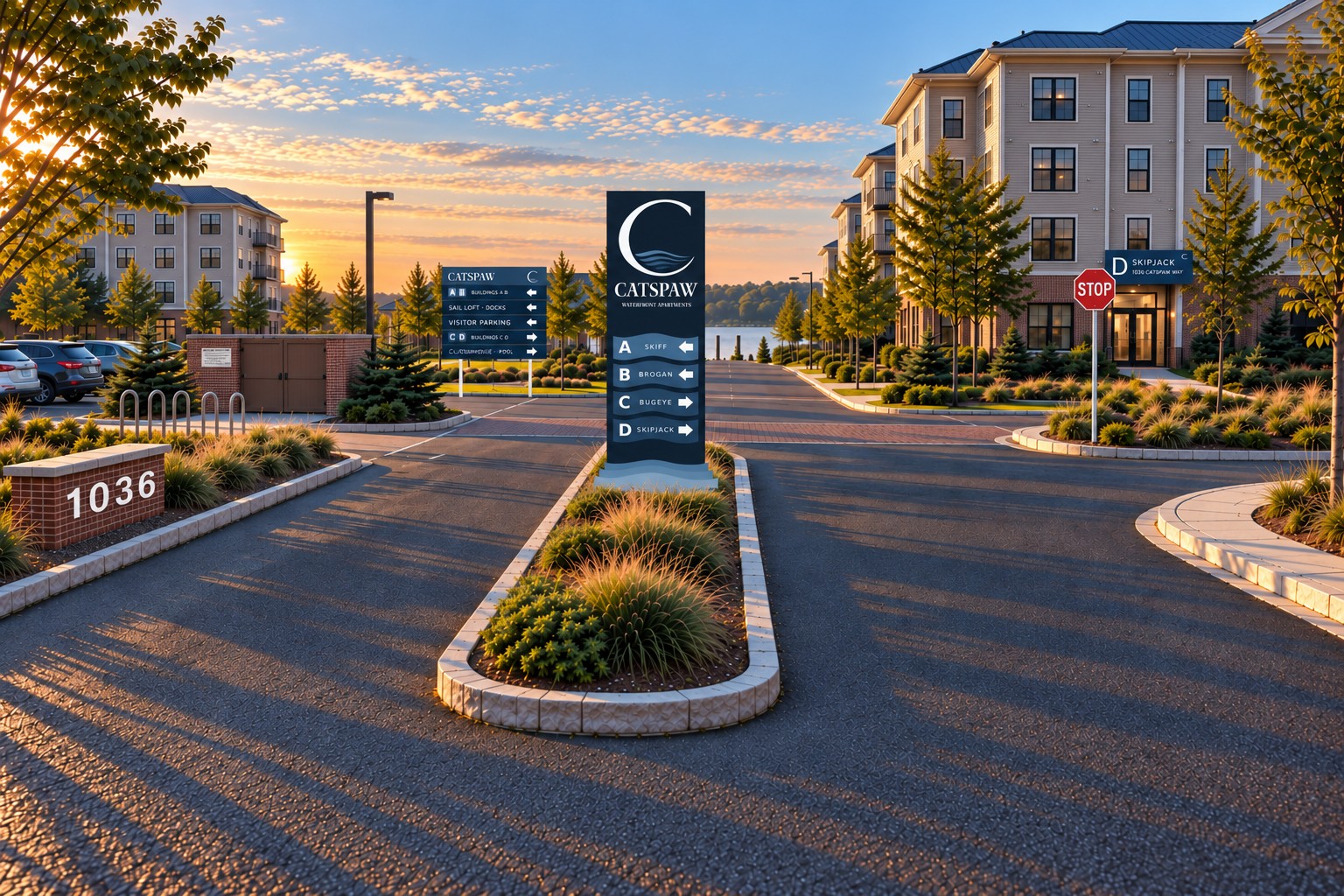 The entry drive at dusk: the lit pylon on the splitter island, the address monument, the vehicular directional at the fork, a stop sign and Skipjack's lobby sign beyond.